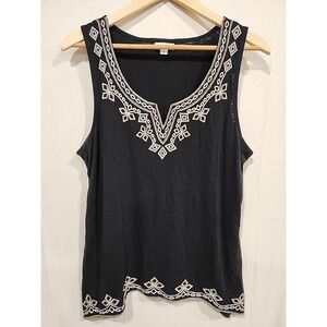 J‎ Jill Embroidered Knit Sleeveless Tank Top Womens M Black, Geometric Knit